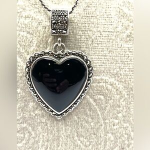 Sterling Silver Black Onyx And Marcasite Heart Pendant Necklace 925 🖤